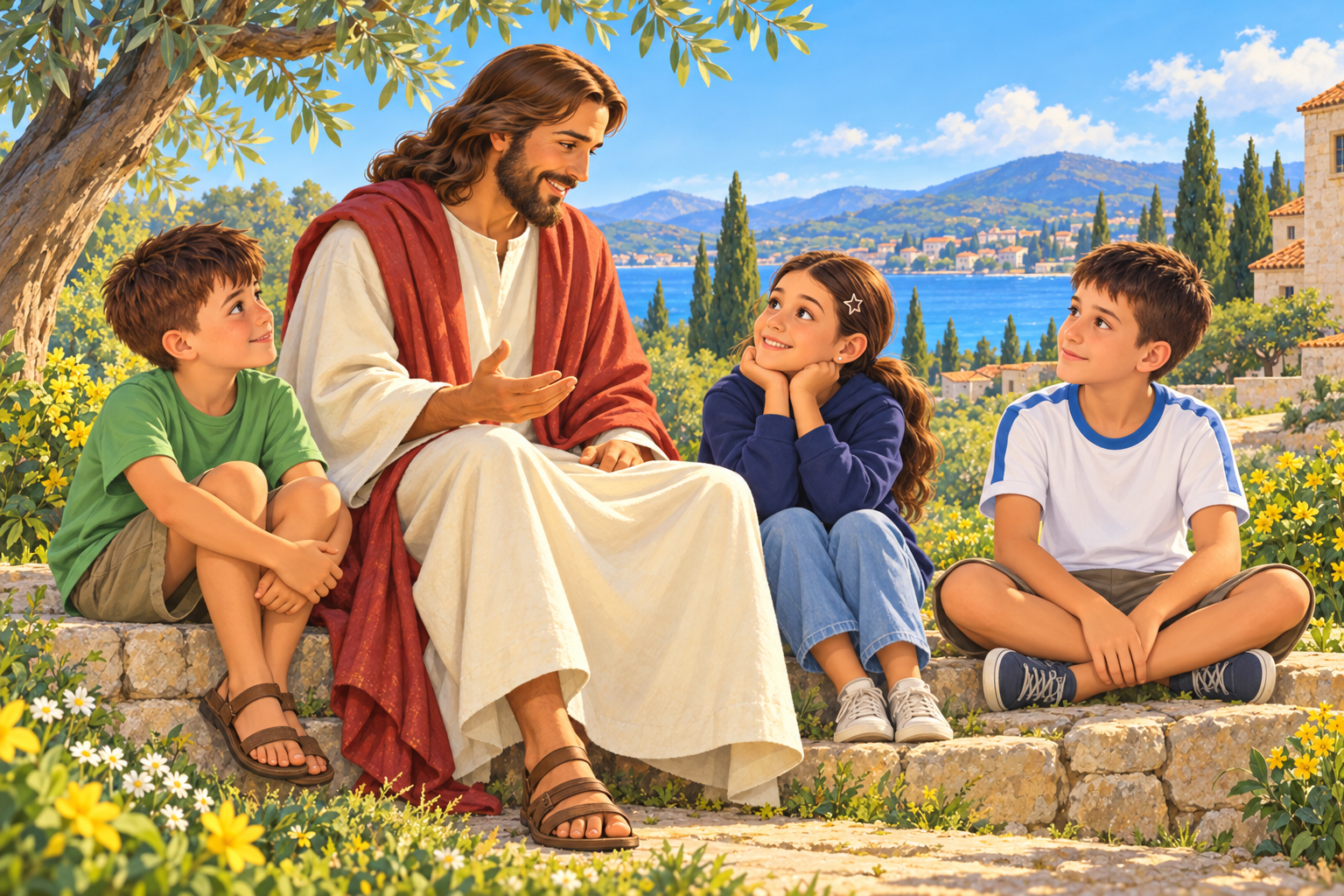 Jesús sentado bajo un olivo junto a tres chicos que lo miran con amor y adoración