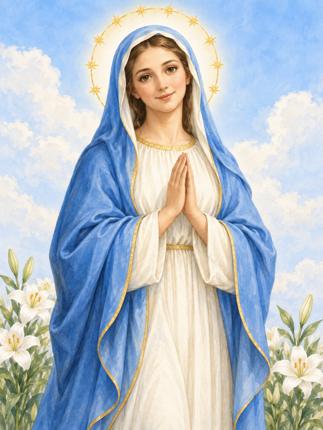 Ilustración de María Santísima con vestido blanco, manto azul y las manos unidas en oración